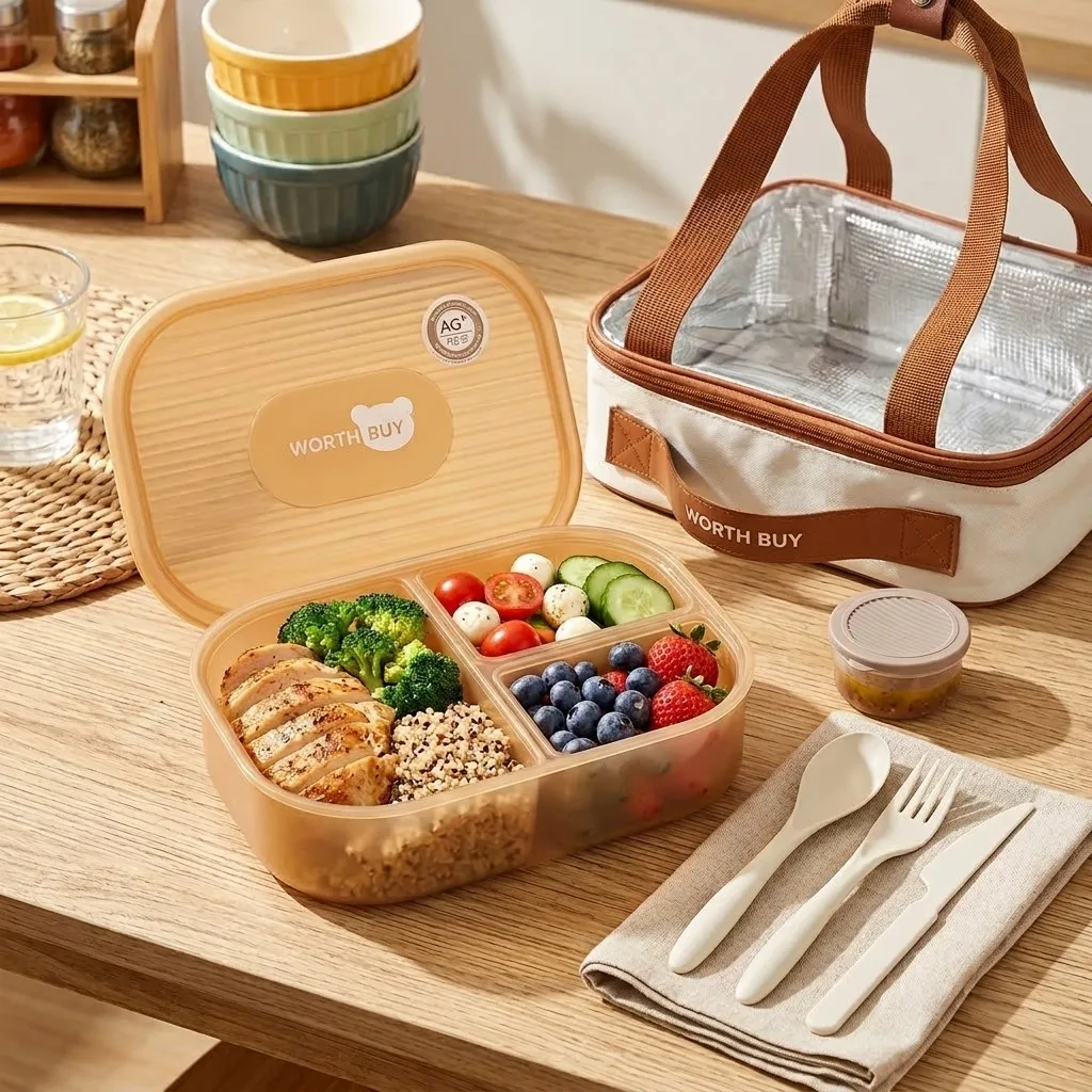 Food Storage With Dividers - 칸막이가 있는 플라스틱 도시락통, 3칸 분리형,